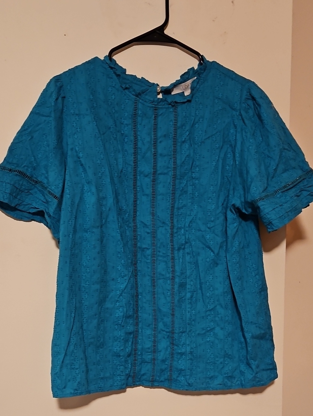 LOFT Turquoise Eyelet Pintuck Short Sleeve Blouse